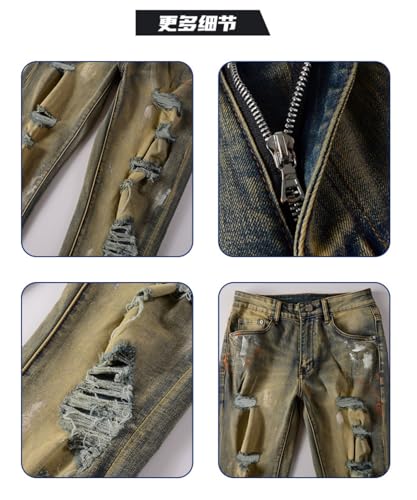 Jeans Pants Trousers Denim Men Street Trendy Ripped Spray Paint Dot Retro Personalized Elastic Slimming Broken Hole Casual Small Foot(Blue,31)4
