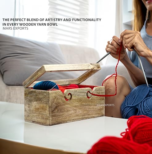 Image of Wooden Yarn Bowl, Square Shape 2 in One Yarn Ball Holder, Craft Knitting Bowl Holder for Crocheting and Knitting, Wool /String Storage Accessory (12 inchx 6 inchx 6 inch)
