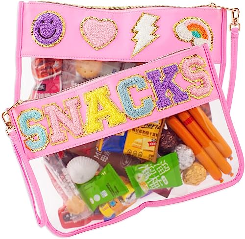 Image of dark swan 1PCS Chenille Patch Nylon Pouch,Clear Waterproof Snacks Bag,With Preppy &Letter Double Sided Patches Multi-purpose Makeup Travel Bag for Women Girls