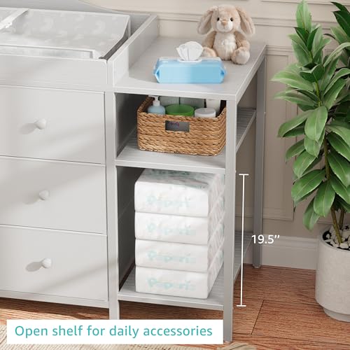 Image of BOLUO Baby Dresser with Changing Table Top, Gray Changing Table Dresser with 6 Fabric Drawers Diaper Changing Station with Storage Shelf for Nursery Modern