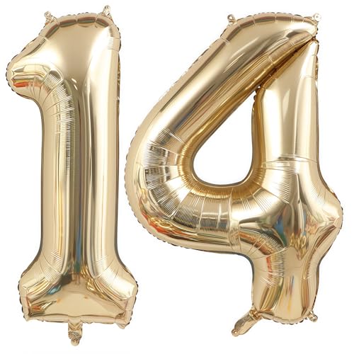 Image of Champagne Gold 14 Balloon Number,40 Inch Light Gold 14 Balloons Big Foil Mylar Helium Number 14 Balloon for Birthday Party Anniversary Decorations