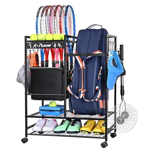PLKOW Tennis Bag Organizer Tennis Racket Storage Rack, Tennis Equipment Holder for Bags, Balls, Racquet & Accessories, Versatile Gear Organizer for Garage, Club, or School