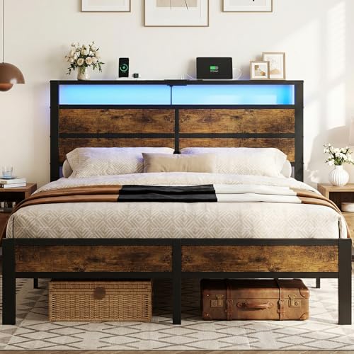 Image of Queen Size Bed Frame with LED Lights and USB Type C Charging Headboard | Brown Metal Platform Bed, Charging Station, Storage Shelf, Noise Free, No Box Spring Needed