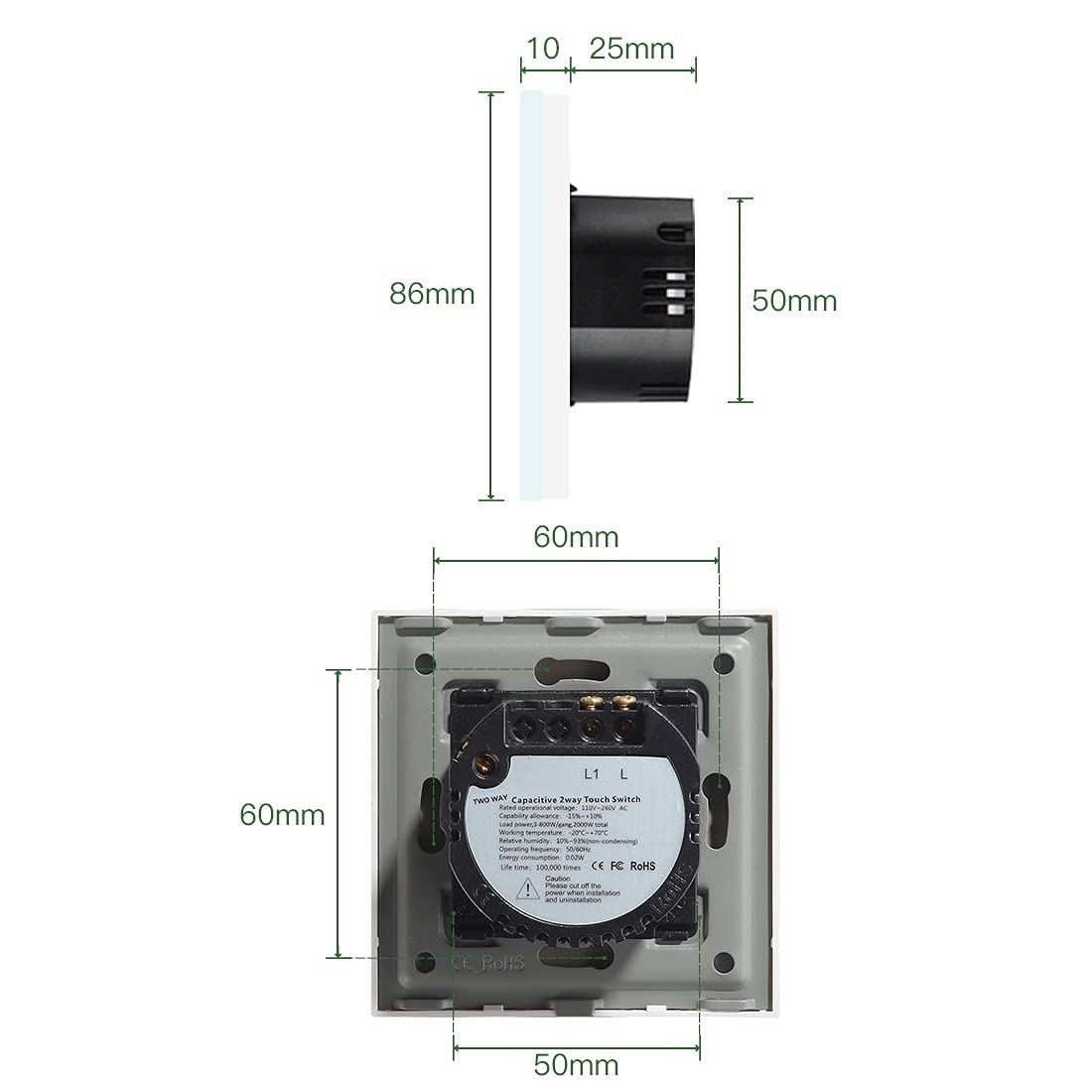 Conmutador Interruptor Pared 1 GANGS WAY / 3 TOUCH Switch 3packs Interruptor de luz Blanco Negro Panel la Clase pared Interruptores impermeables(White)