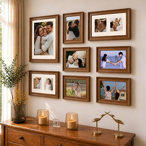 Image of Wooden Wall Collage Photo Frame Set of 8 for Wall Decor, Mixed Size Picture Frames for Family Photos, Gallery Wall Frame Set with Premium Finish for Living Room, Bedroom & Home Decoration (Brown)