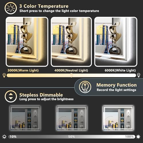 Image of 40x24 LED Bathroom Mirror with Lights, Backlit and Front Lit Anti-Fog Lighted Vanity Mirrors for Bathroom Wall, Dimmable, 3-Color Light, Memory, Shatter-Proof, HD Tempered Glass, CRI>90