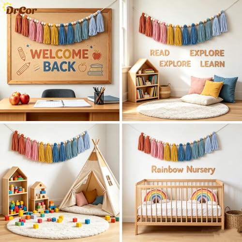 Image of DrCor Boho Tassel Garland Earth Rainbow Nursery Decor - Cotton Wall Hanging