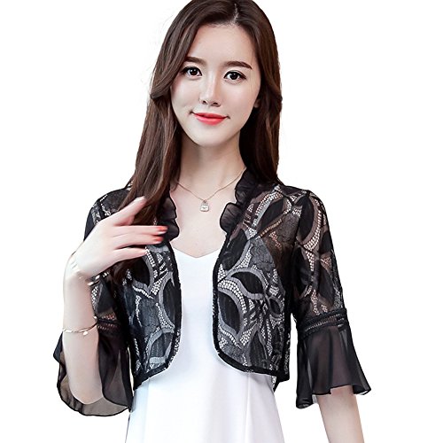 Womens Flounce Short Sleeve Floral Lace Shrug Bolero Cardigan (L, Black)