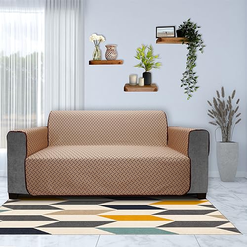 Image of DREAM KING 3 Layers 300 GSM Waterproof Reversible Sofa Cover 4 Seater with Pockets | Dust Protective Soft Fabric Sofa Seat Cover Coffee & Beige
