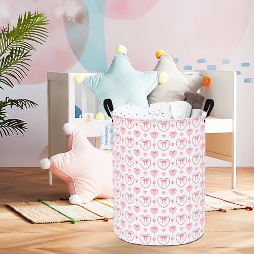 Image of Round Laundry Basket Collapsible Storage Hamper Organizer Pearl Heart | Waterproof Canvas Foldable Baskets with sturdy Handles Multi-scene Organizer for Home Play Bedroom Gift Bin