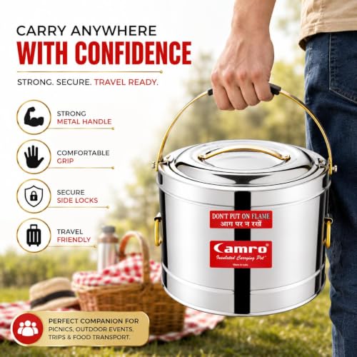 Image of Camro Sambar Pot Stainless Steel 3 Liters | Sambar Pot with Lid | Casserole for Cooking | Canteen & Hotel Casserole Container | Picnic Hot | Biryani Box Puff Insulated Hot & Cold Serving