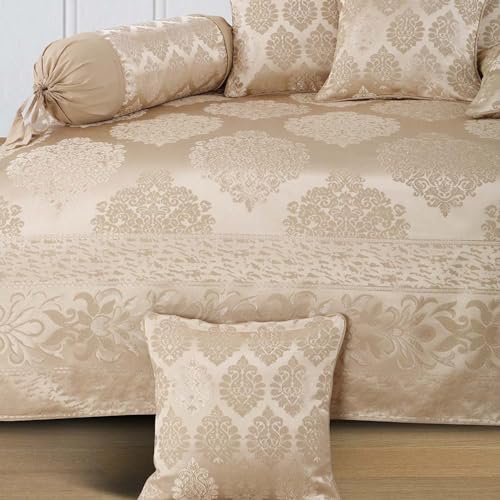 Image of Victor Polycotton Diwan Set 8 Pcs with 5 Pillows & 2 Bolster Covers | Damask Geometrical Printed Diwan Set for Living Room Hall | Comfort & Elegant Decor | Durable & Washable Design | Brown, Fawn