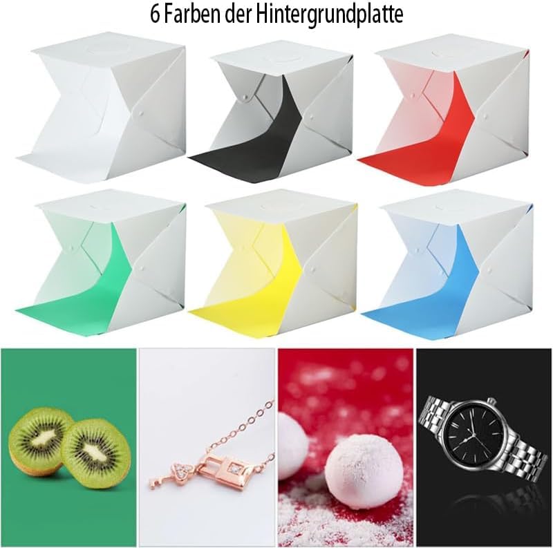 Scatola fotografica pieghevole 20 x 20 cm, 5500 K, set con 3 luci a colori regolabili con illuminazione a 144 LED e 6 sfondi fotografici del prodotto, per gioielli e fotografia di piccole parti