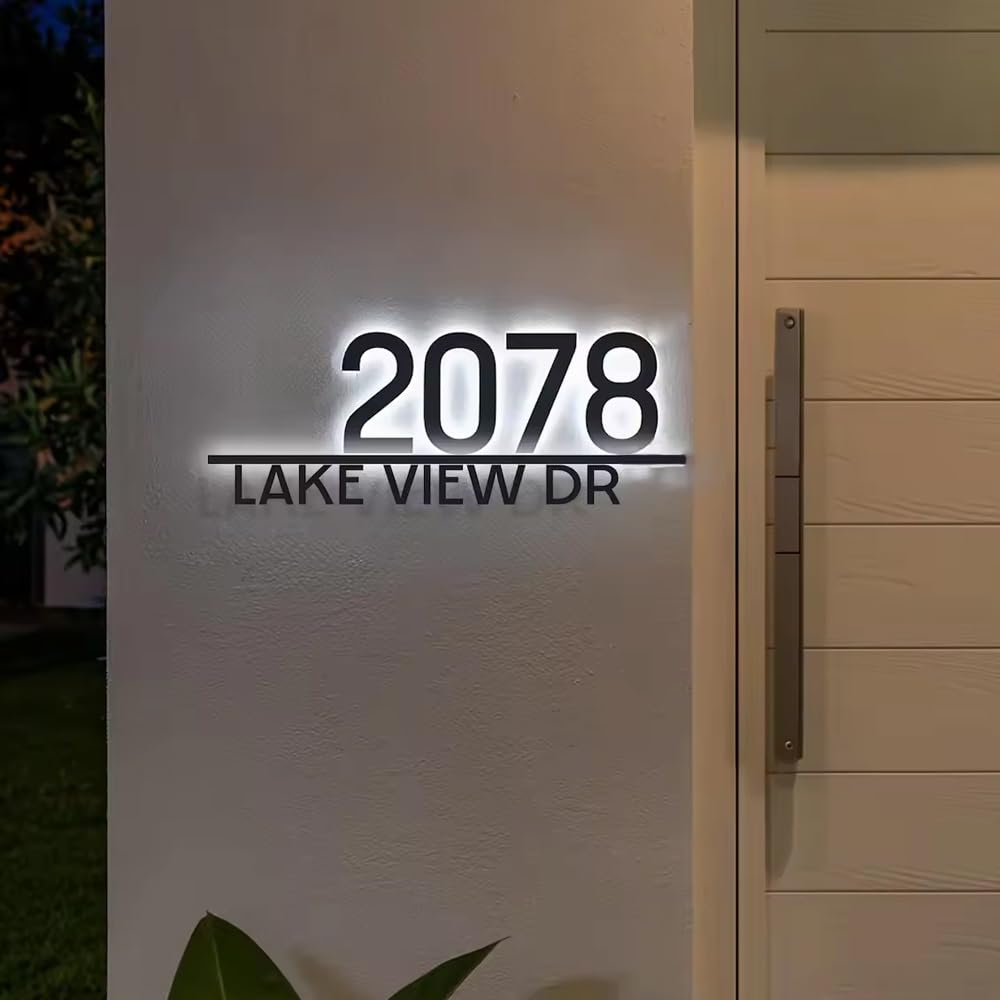 Letrero Personalizado Con Números De Casa Modernos Retroiluminados Por LED, Placa Iluminada Con El Nombre De La Calle Personalizable, Placa Acrílica Exterior Iluminada Personalizada(18inch)