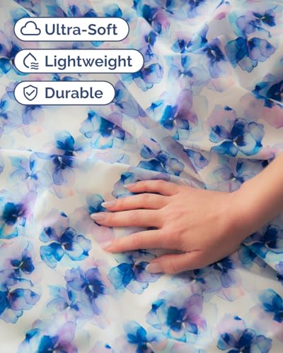 Image of Twin 3 Piece Floral Sheet Set - Soft, Breathable & Cooling - Blue Hydrangea