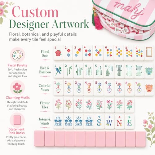 Set Americano de Mahjong con 166 Fichas Florales y Bolsa Rosa miniatura 6