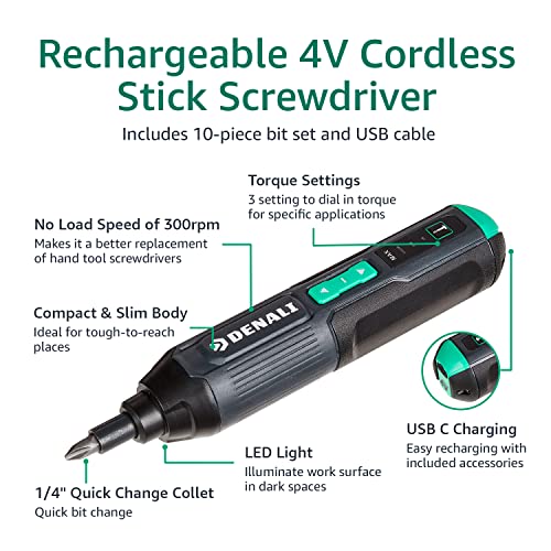 Amazon Brand - Denali By Skil 4V Cordless Stick Screwdriver With 10-Piece Bit Set And Usb Cable #TOP3