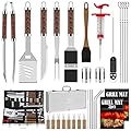 ROMANTICIST 31pcs BBQ Grill Tool Set for Men Dad, Heavy Duty Stainless Steel Grill Utensils Set, Non-Slip Grilling Accessories Kit with Thermometer, Mats in Aluminum Case for Travel, Outdoor Brown