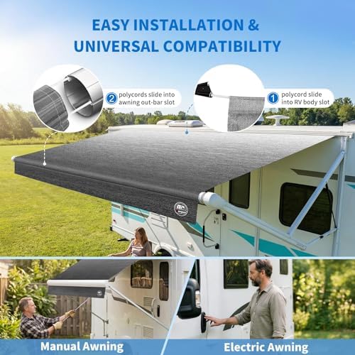 19.5oz Heavy Duty RV Awning Fabric Replacement, 5-Layer Rip-Stop No-Hole Vinyl Awning, Waterproof UV-Resistant RV Canopy for Camper, Trailer & Motorhome, Universal Fit 17FT (Fabric 16'2") - 5