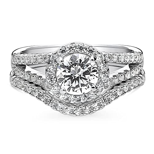 BERRICLE Sterling Silver Halo Wedding Engagement Rings Round Cut Cubic Zirconia CZ Wishbone Split Shank Ring Set for Women, Rhodium Plated2