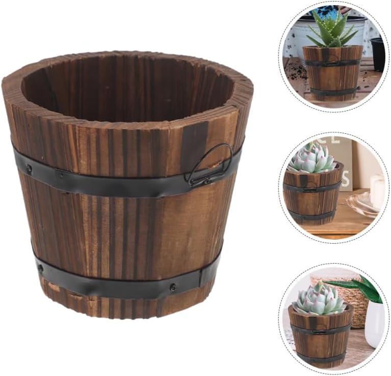 VANZACK Rustic Wooden Barrel Planter Planter Plant Pot Box Pail Container Whiskey Barrel Bucket with Handle for Garden Backyard Outdoor Indoor Decor
