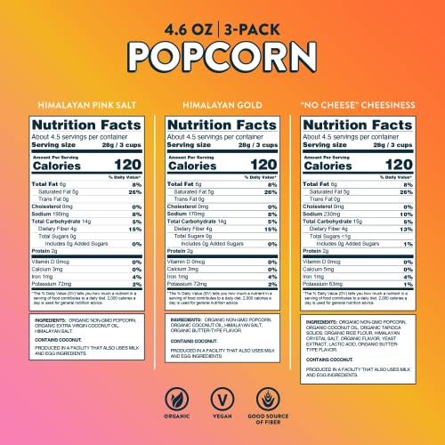 Lesserevil Organic Popcorn Variety Pack, Himalayan Pink Salt (1 4.6 Oz Bag), Himalayan Gold (1 4.6 Oz Bag), And No Cheese Cheesiness (1 4.6Oz Bag) #TOP4