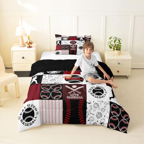Castle Fairy Baseball Comforter Set,Sports Geometric Grid Red Bedding Set Kids Teens Modern Decor,Patchwork Baseball Comforter with 1 Pillowcase for All Seasons,Twin