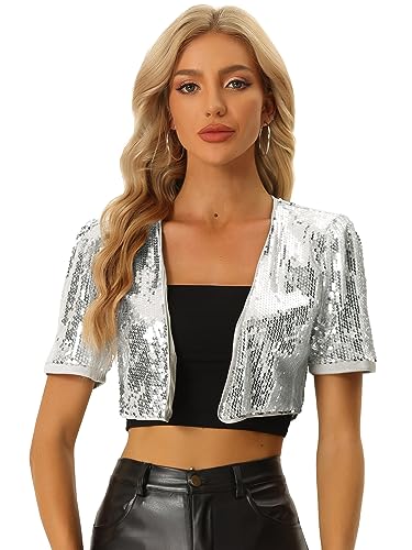 Allegra K Sequin Cardigan for Women's Puff Sleeve Open Front Jacket Sparkly Glitter Cropped Shrug Bolero