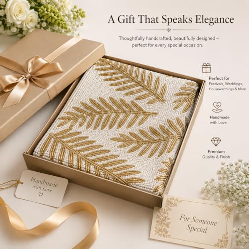 Image of Handmade Beaded Table Runner with Gold Leaf Design on White Beads, 13x36 Inches - Exquisite Dining Table Decoration, Elegant Home Decor for Thanksgiving & Special Celebrations
