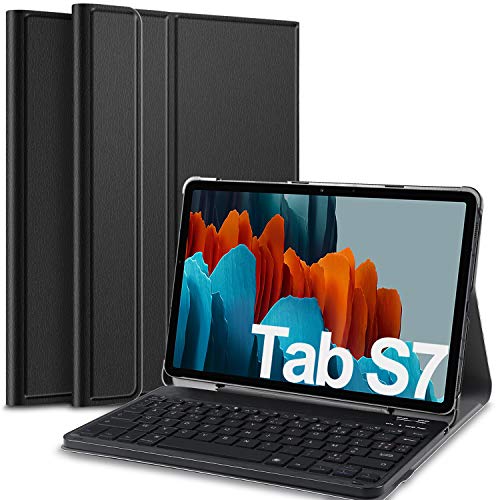 IVSO Clavier Étui pour Samsung Galaxy Tab S7 2020,[AZERTY Layout] Détachable Clavier avec Stand PU Coque pour Samsung Galaxy Tab S7 (SM-T870/875) 11 Pouces 2020, Noir