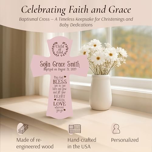 Image of LifeSong Milestones Pink Wooden Wall Cross: Family Celebrations Baptism, Christening, and First Communion - Religious Keepsake for Baby Girls - Baptism Gifts, Favors, and Decorations Pink 8.5x1
