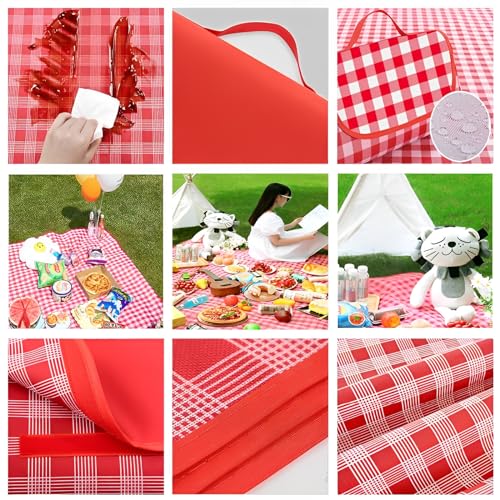 TFSZE Picknickdecke,300 x 200cm Faltbare Streifen Wasserdicht,Tragbare Extra Große Stranddecke,Campingdecke Sanddichte Isoliert mit Tragegriff,Perfekt für Picknick/Outdoor/Camping/Beach/Park(Rot)