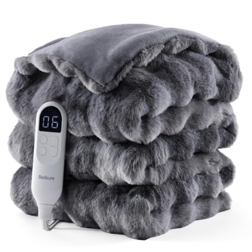 Image of Bedsure Bubble Faux Fur Heated Electric Blanket Twin, Tie-dye Dark Grey