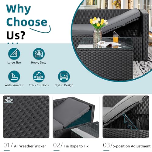 SUNLEI 3-Piece Patio Sectional Sofa, Patio Furniture Set with Detachable Soft Cushions, Outdoor PE Rattan Patio Conversation Sofa Set with Glass Coffee Table & Ottoman, Black Rattan/Grey - Image 4