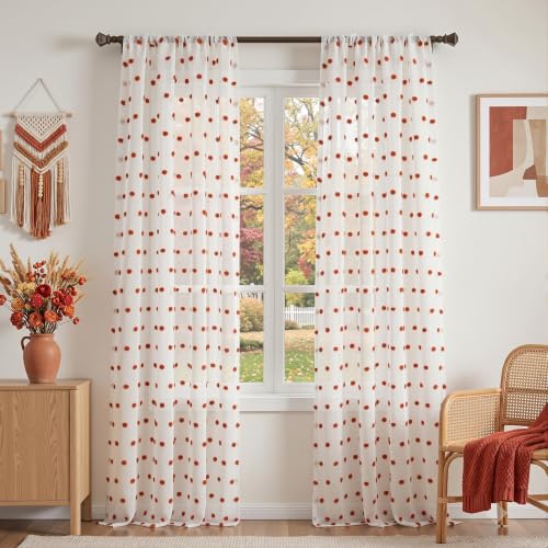 Image of MYSKY HOME Boho Brick Red Pom Pom Curtains for Living Room 95 Inch 2 Panels | Terracotta Pom Pom White Sheer Curtain, for Bedroom Sliding Door, Large Window Panels, Rod Pocket, Privacy Protect, 50 inch x 95 inch