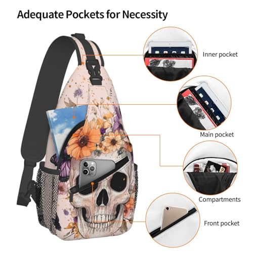 Sling Bag for Men Women Skull Butterfly Flower Witch Crossbody Backpack Casual Hiking Daypack for Travel Sport Running Chest Bag3