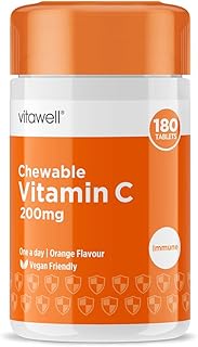 Vitawell Chewable Vitamin C | 180 Chewable Tablets | High Strength 250% RDA 200mg Vitamin C Formula | Orange Flavour | 6 Months’ Supply | One a Day Chewable Adult Vitamin | Immune Health | By Vitawell