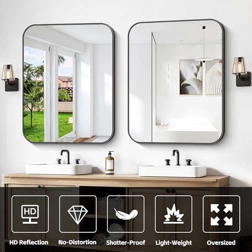 Image of Bathroom Mirror, 30 x 24 inch Metal Framed Black Rectangle Mirror, Rounded Corner Rectangular Vanity Mirror, Wall Mounted Mirror for Modern Bedroom Living Room Hangs Horizontal or Vertical
