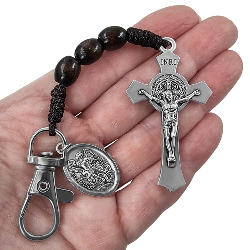 Image of TALISMAN4U Catholic Rosary Keychain for Car St Benedict Cross Saint Michael Guardian Angel Medal Pocket Rosary Key Chain Religious Accessory Wood Beads