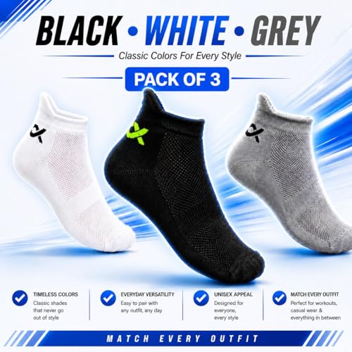 Image of XJARVIS RIO Unisex Ankle Socks for Men & Women - Breathable & Odor-Free Cotton Socks for Gym, Running, Walking, Cycling, Daily & Office Wear - Free Size (Black, White, Grey)