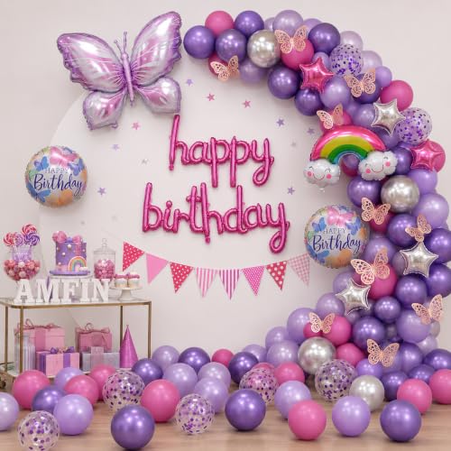 Image of AMFIN (Pack of 94) Butterfly Theme Birthday Decoration Kit Metallic Finish Women Girls Item Purple Rainbow Flower