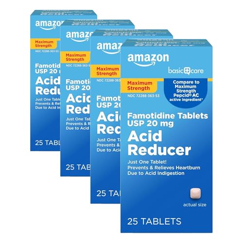 Image of Amazon Basic Care Maximum Strength Famotidine Tablets 20 mg, Acid Reducer for Heartburn Relief, 25 Count (Packaging May Vary) (Pack of 4)