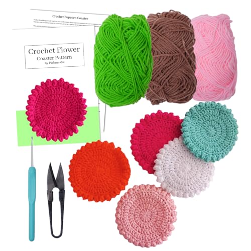 Image of picknMAKE 6 Pcs Blossom Puff Crochet Coaster DIY Coaster Kit, Crochet Kit for Beginners, Crochet Yarn Full Kit, Multicolor Decorative Crochet Flower Coasters Craft Kit with All Material Included