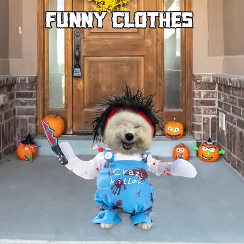 Halloween Hundekostüme für Hunde Wig and Knife, für kleine mittlere Hunde - Lustige Chucky Hundekleidung Halloween Outfit mit Perücke Messer (Verstellbare M-Größe)