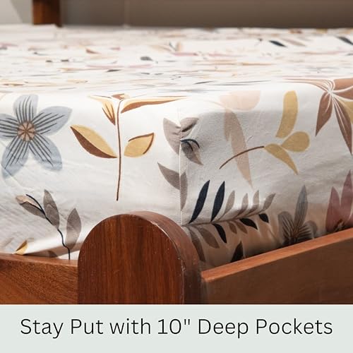 Image of Amazon Brand - Umi Cotton Fitted Bedsheet, Queen Size 78x60 Inches, Elastic Fit Bed Sheet, 10 Inch Deep Pocket, Soft Breathable Bedding, Durable Easy Care, with Pillow Cover-Earthy Flora