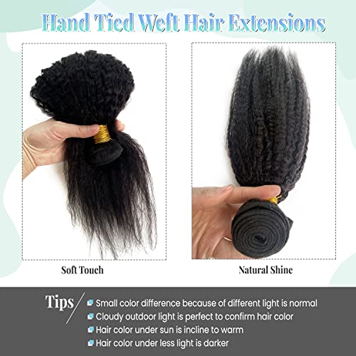 Image of Kinky Straight Hair Bundle 120G 24 Inch Sew in Hair Extensions Real Human Hair Wefts, Kinky Straight Natural Black Hand Tied Wefts Hair Extensions Human Hair Weave Weft Extensions