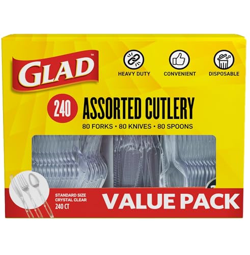 Glad Clear Disposable Cutlery Set with Heavy Duty Plastic Forks, Knives, and Spoons, Reusable Dishwasher Safe Plastic Utensils for Parties and Everyday Use, 240 Count