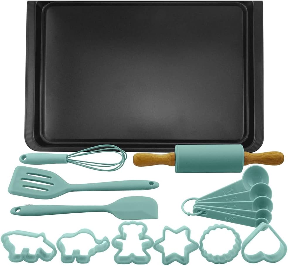 Cookie Baking Pan Easy Layered Sheet Cake Pan Nonstick Bakeware Set with Cookie Cutters Mini Pin DIY Kitchen Tools 16PCS (Color : Pink) (Green)