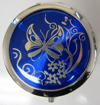 Purse Handbag Double Compact Cosmetic Mirror - Butterfly - Dark Blue