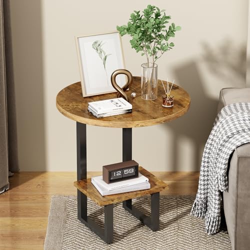 COSTWAY Round Side Table, 2Tier Industrial Sofa End Table Small